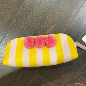 Striped Yellow and Pink Pouch with Pom Poms